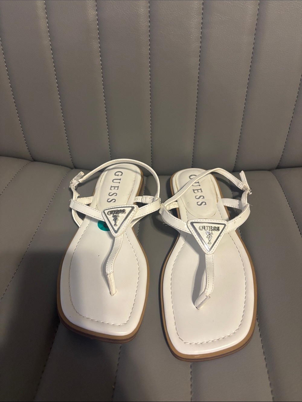 GUESS White T-Strap Logo Thong Sandals